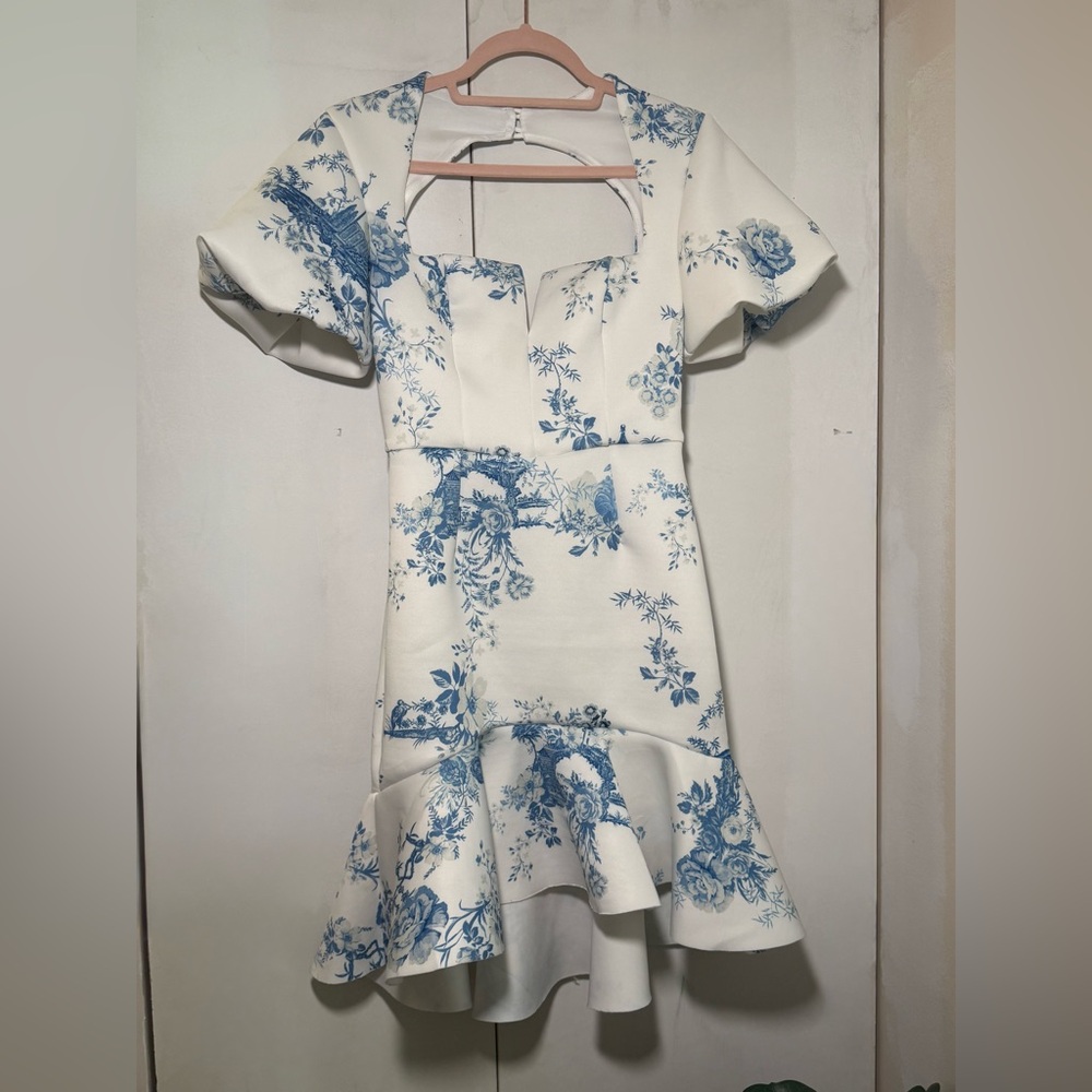ASOS Blue and White Puff Sleeve Mini Dress